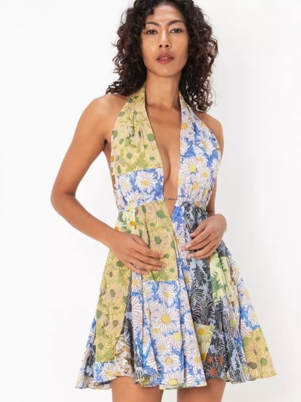 NWOT Zara Halter Mini Dress Daisy Patchwork Floral Print Backless Deep V Size XL